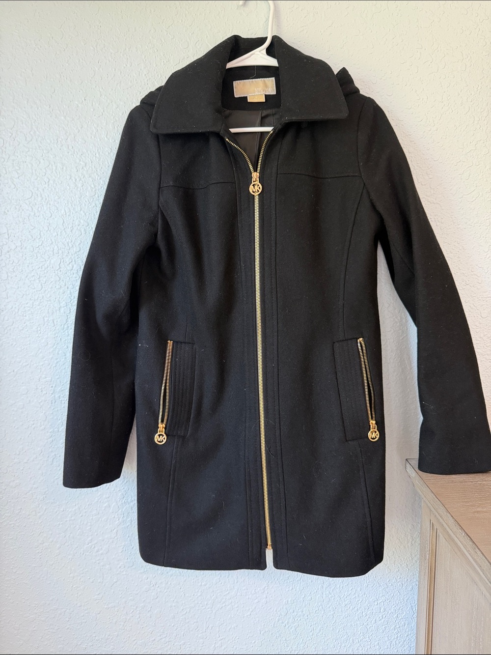 Michael Kors Black Wool-Blend Peacoat with Gold Hardware